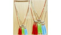 three color tassels pendant necklace silver bronze